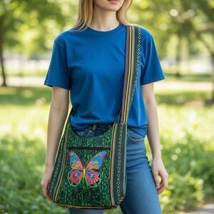 Boho Butterfly Embroidered Crossbody Bag - Green